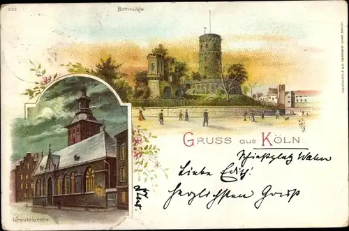 Litho Köln am Rhein, Bottmühle bei Dämmerung, Ursulakirche bei Mondschein