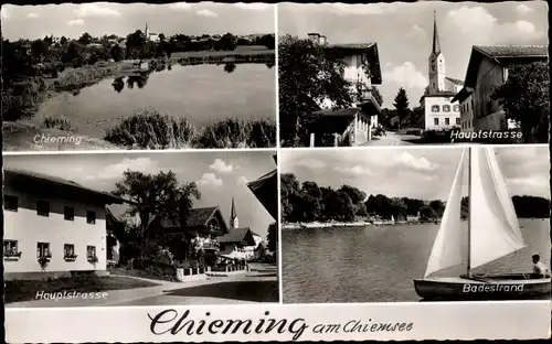 Ak Chieming am Chiemsee ,Hauptstraße, Badestrand, Boot