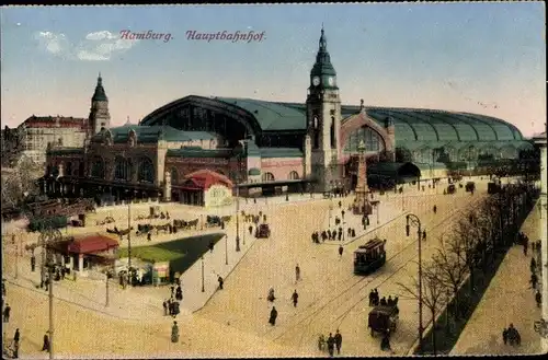 Ak Hamburg Mitte Sankt Georg, Blick auf den Hauptbahnhof, Straßenbahn