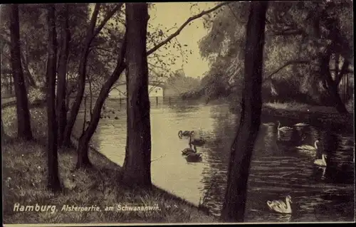 Ak Hamburg Nord Uhlenhorst, Alsterpartie am Schwanenwik, Schwäne auf dem Wasser, Brücke