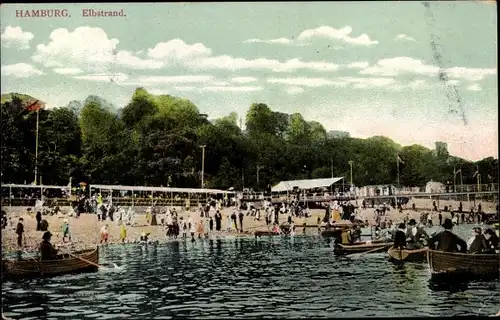 Ak Hamburg Altona Othmarschen, Badegäste und Ruderboote am Elbstrand, Steg