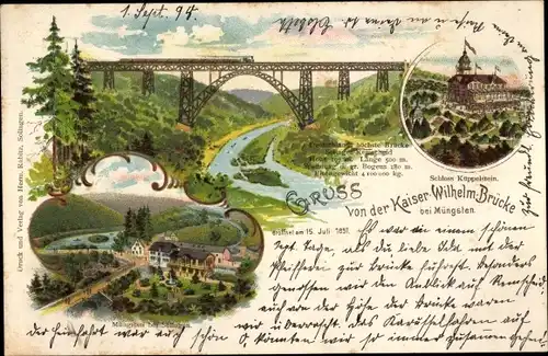 Litho Müngsten an der Wupper Wuppertal, Schloss Küppelstein, Kaiser Wilhelm Brücke