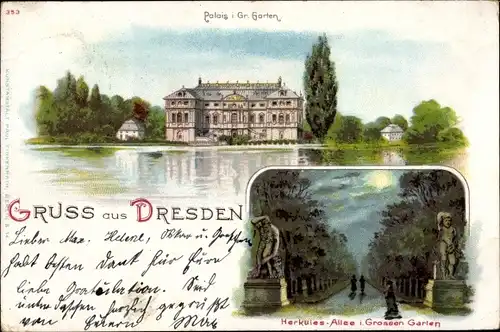 Litho Dresden Zentrum Altstadt, Palais im großen Garten, Herkules Allee im Mondschein