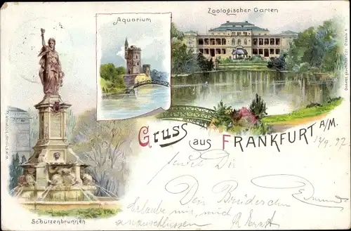 Litho Frankfurt am Main, Zoologischer Garten, Aquarium, Schützenbrunnen