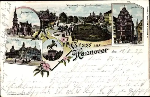 Litho Hannover in Niedersachsen, Aegydien Kirche, Markthalle, Königsworther Platz, Leibnitzhaus