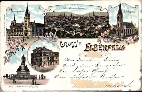 Litho Elberfeld Wuppertal, Kriegerdenkmal auf dem Königsplatz, Neues Rathaus, Panorama