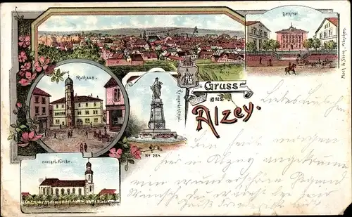 Litho Alzey in Rheinhessen, Rathaus, Seminar, Panorama, Kriegerdenkmal, wevangl. Kirche