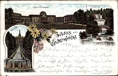 Litho Kassel in Hessen, Schloss Wilhelmshöhe, Teufelsbrücke, Kaskaden