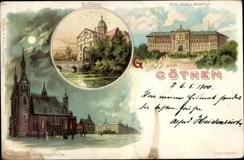 Litho Cöthen Köthen in Anhalt, Schloss, St. Jakobskirche, Höh. technisches Institut