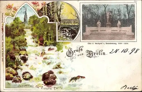 Litho Berlin Kreuzberg, Wasserfall im Viktoriapark, Otto II Markgraf v. Brandenburg