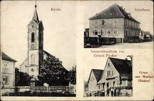 Ak Marlen Kehl am Rhein, Kirche, Schule, Geschäft Erhard Fischer