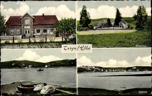 Ak Tespe an der Elbe, Ehrenmal, Elbblick, an der Fähre, Gemischtwarengeschäft Ernst Heilmann