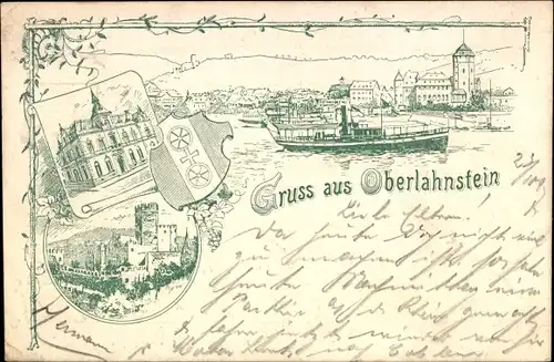 Litho Oberlahnstein Lahnstein am Rhein, Schloss, Wappen, Dampfer