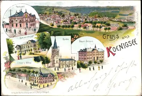 Litho Königsee in Thüringen, Kirche, Neue Schule, Peters Hotel, Postamt