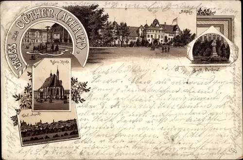 Litho Cöthen Köthen in Anhalt, Bach-Denkmal, Ref. Kirche, Schloss, Gesamtansicht vom Ort