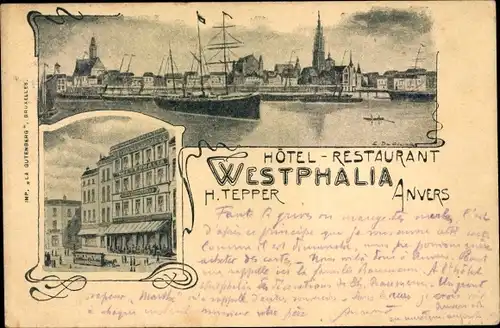 Ak Anvers Antwerpen Flandern, Hotel Restaurant Westphalia, Segelschiff