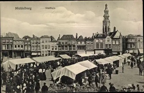 Ak Middelburg Zeeland Niederlande, Rathaus, Marktleben