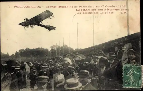 Ak Paris, Port Aviation, Grande Quinzaine, 3-17. Octobre 1909, Latham, Aéroplane, Tribunes