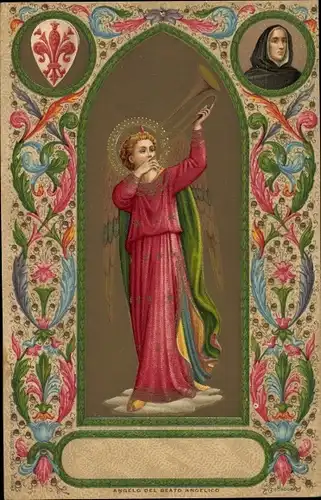 Präge Passepartout Ak Angelo del Beato Angelico, Engel, Blumen, Nonne, Wappen