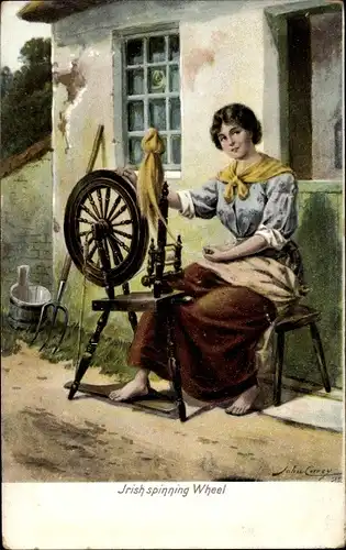 Künstler Ak Irish spinning Wheel, Frau beim Spinnen, Spinnrad