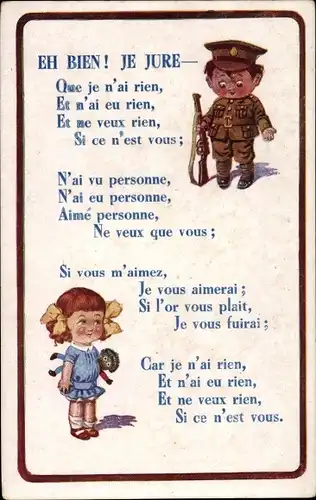 Ak Junge in Uniform, Mädchen mit Puppe, Eh Bien, Je Jure, Oue, je n'ai rien...