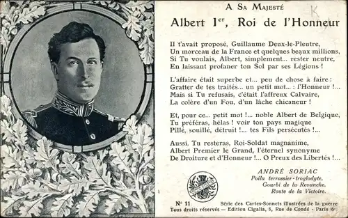 Ak Albert I., Roi de l'Honneur, König Albert I. von Belgien, Portrait, Gedicht