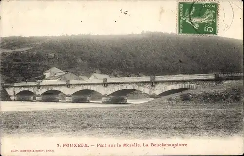 Ak Pouxeux Vosges, Pont su la Moselle, La Beuchenaupierre