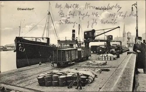 Ak Düsseldorf am Rhein, Rheinwerft, Hafenansicht, Dock mit Schiff, Hafenkran