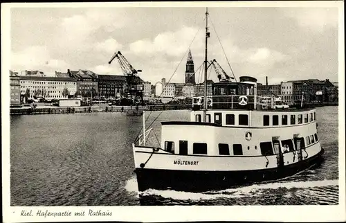 Ak Kiel Schleswig Holstein, Hafenpartie mit Rathaus, Dampfer Möltenort