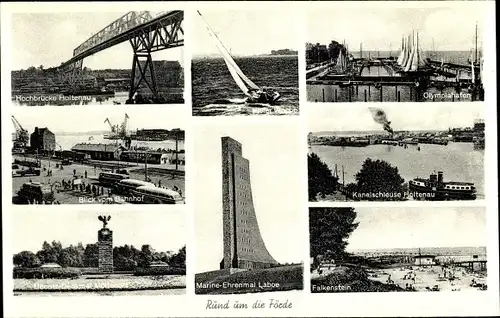 Ak Kiel in Schleswig Holstein, Hochbrücke Holtenau, Uboots Denkmal Möltenort, Olympiahafen, Laboe