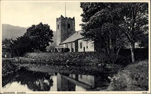 Ak Grasmere Lake District Cumbria England, Church, Kirche, Teich