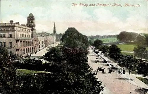 Ak Harrogate Yorkshire England, The Stray and Prospect Hotel, Promenade