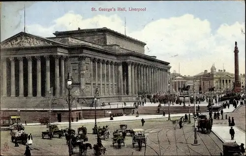 Ak Liverpool Merseyside England, St. George's Hall Außenansicht, Standbild, Platz, Pferdekutschen
