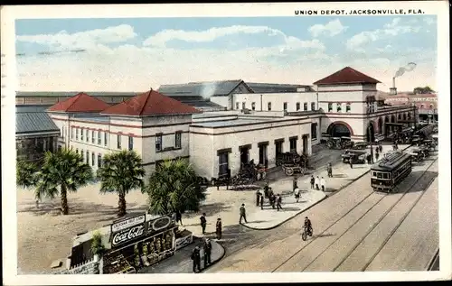 Ak Jacksonville Florida USA, Union Depot, Kiosk, Straßenbahn