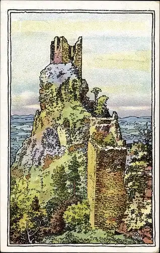 Künstler Ak Rovensko pod Troskami Rowensko bei Turnau Region Reichenberg, Burg Trosky, Ruine