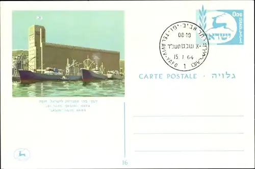 Ganzsachen Ak Haifa Israel, Les Silos Dagon, Kornkammer, Hafenpartie