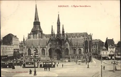 Ak Roubaix Nord, L'Eglise Saint Martin, Straßenbahn