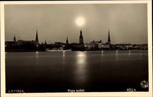 Ak Riga Lettland, Stadtansicht bei Nacht, Stille Nacht, Heilige Nacht