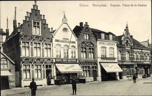Ak Deynze Deinze Ostflandern, Place de la Station, Hotel, Café