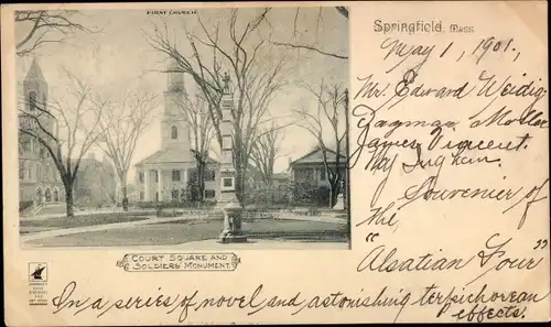 Ak Springfield Massachusetts USA, Courts Square and Soldiers Monument, Denkmal, Park