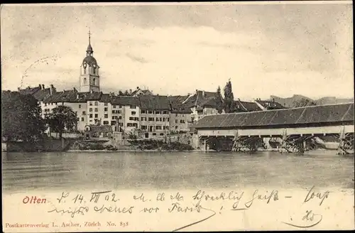 Ak Olten Kanton Solothurn, Flusspanorama, Brücke, Kirchturm