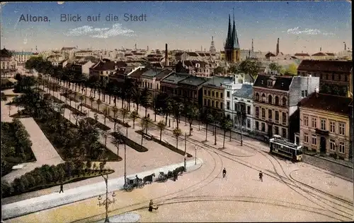 Ak Hamburg Altona, Totalansicht, Blick Richtung Kirche, Straßenbahn, Parkpartie