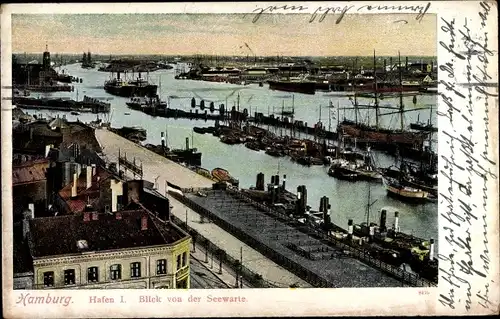 Ak Hamburg, Hafen I., Totalansicht, Blick von der Seewarte, Schiff