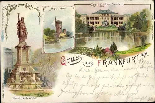 Litho Frankfurt am Main, Zoologischer Garten, Aquarium, Schützenbrunnen