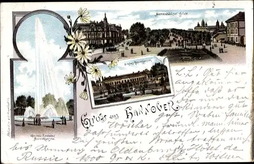 Litho Hannover in Niedersachsen, Herrenhäuser Allee, Herrenhäuser, Gr. Fontaine, Schloss