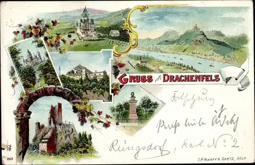 Litho Königswinter am Rhein, Drachenfels, Drachenburg, Denkmal, Panorama, Blumen