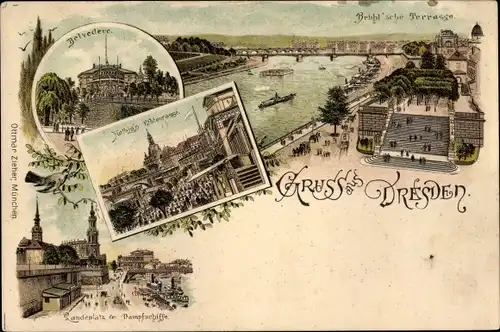 Litho Dresden, Belvedere, Helbig's Elbterrasse, Kanal, Landeplatz der Dampferschiffe