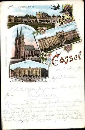 Litho Kassel in Hessen, Orangerie Schloss, Justizgebäude, Post, St. Martins Kirche