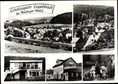 Ak Engelsbach Leinatal in Thüringen, Blick auf den Ort mit Umgebung, Gaststätte zum Paradies, Café