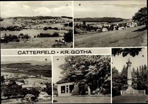 Ak Catterfeld Leinatal in Thüringen, Panorama vom Ort, Inselberg, Konsumwarenhaus, Kandelaber
